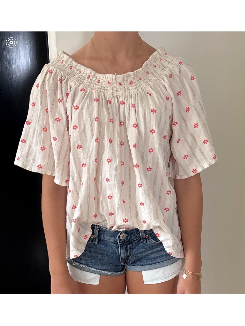Smocked Off-Shoulder White Blouse with red Embroidery